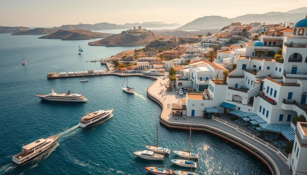 Elegant aerial view of a coastal Greek town, with a bustling harbor in the foreground. Ferries and sailboats gently sway in the azure waters, while in the distance, a panoramic vista reveals rolling hills, ancient ruins, and the Aegean Sea. In the middle ground, rows of whitewashed hotels and charming cafes line the promenade, their vibrant blue accents complementing the sun-drenched atmosphere. Warm, diffused lighting casts a golden glow, accentuating the timeless Mediterranean ambiance. A dreamlike composition that captures the planning essentials for an unforgettable Greek getaway. Elegant aerial view of a coastal Greek town, with a bustling harbor in the foreground. Ferries and sailboats gently sway in the azure waters, while in the distance, a panoramic vista reveals rolling hills, ancient ruins, and the Aegean Sea. In the middle ground, rows of whitewashed hotels and charming cafes line the promenade, their vibrant blue accents complementing the sun-drenched atmosphere. Warm, diffused lighting casts a golden glow, accentuating the timeless Mediterranean ambiance. A dreamlike composition that captures the planning essentials for an unforgettable Greek getaway.