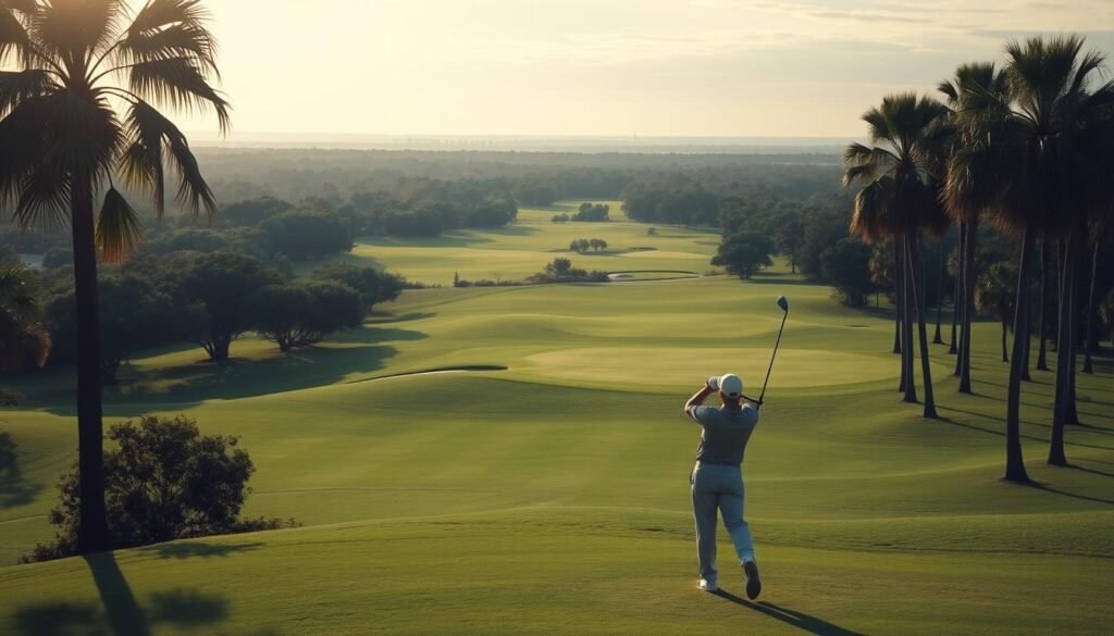Expansive golf course sprawling across the lush, verdant landscape of Hilton Head Island, South Carolina. Sunlight filters through swaying palm trees, casting warm, golden hues over the perfectly manicured fairways and greens. In the foreground, a golfer lines up their shot, club poised, ready to send the ball soaring towards the distant, gently undulating horizon. The scene exudes a sense of relaxation and tranquility, inviting the viewer to imagine the thrill of a challenging yet picturesque round of golf on this iconic Lowcountry destination.
