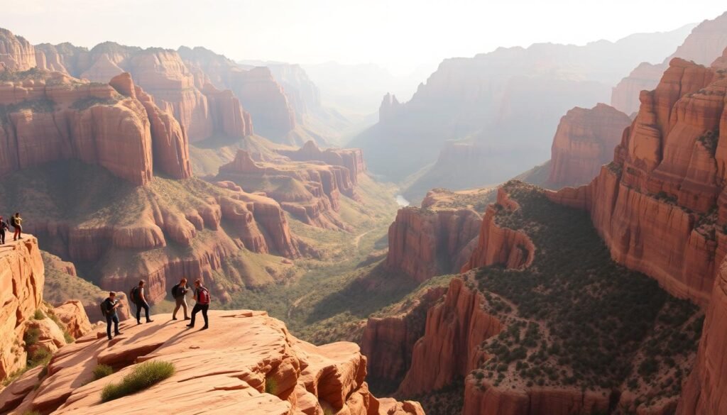 Expansive vista of Zion National Park's iconic sandstone cliffs and lush, verdant canyons. Hikers silhouetted against the warm, golden light traversing the iconic Angels Landing trail, with its precarious ridgeline and sweeping views. In the distance, the mysterious, slot-like formations of The Narrows beckon, their striking, water-carved walls a testament to the park's geological wonders. Soft, diffused natural lighting illuminates the scene, capturing the serene tranquility and adventurous spirit of Zion's seasonal hiking opportunities. Expansive vista of Zion National Park's iconic sandstone cliffs and lush, verdant canyons. Hikers silhouetted against the warm, golden light traversing the iconic Angels Landing trail, with its precarious ridgeline and sweeping views. In the distance, the mysterious, slot-like formations of The Narrows beckon, their striking, water-carved walls a testament to the park's geological wonders. Soft, diffused natural lighting illuminates the scene, capturing the serene tranquility and adventurous spirit of Zion's seasonal hiking opportunities.