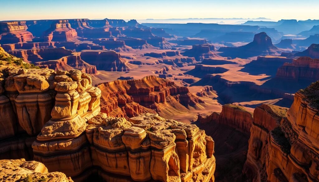 Expansive vistas of the Grand Canyon, bathed in warm, golden light. In the foreground, a series of striking rock formations, their intricate layers and textures revealed in sharp detail. The middle ground showcases the vast, undulating landscape, with shimmering shadows and highlights playing across the rugged terrain. In the distance, the canyon's iconic plateaus and buttes rise up, their silhouettes etched against a brilliant azure sky. A sense of scale and grandeur pervades the scene, inviting the viewer to imagine the vast expanse and the changing perspectives offered by different times of day and seasons. The overall mood is one of awe-inspiring natural beauty, perfectly capturing the essence of the Grand Canyon's most captivating viewpoints. Expansive vistas of the Grand Canyon, bathed in warm, golden light. In the foreground, a series of striking rock formations, their intricate layers and textures revealed in sharp detail. The middle ground showcases the vast, undulating landscape, with shimmering shadows and highlights playing across the rugged terrain. In the distance, the canyon's iconic plateaus and buttes rise up, their silhouettes etched against a brilliant azure sky. A sense of scale and grandeur pervades the scene, inviting the viewer to imagine the vast expanse and the changing perspectives offered by different times of day and seasons. The overall mood is one of awe-inspiring natural beauty, perfectly capturing the essence of the Grand Canyon's most captivating viewpoints.