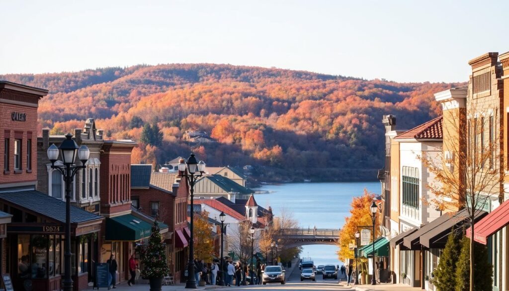 Galena, Illinois in the shoulder season, a picturesque small town nestled amidst rolling hills and winding rivers. Capture the charming historic main street lined with locally-owned shops and cafes, their facades aglow with warm autumn light. In the foreground, pedestrians stroll past wrought-iron lamp posts and colorful window displays. The middle ground features the iconic Galena River, its calm waters reflecting the changing foliage on the opposite bank. Beyond, the hilly terrain is dotted with russet-toned trees, creating a serene, pastoral backdrop. The entire scene conveys a sense of cozy, unhurried contentment - the perfect embodiment of small-town sparkle and shoulder-season charm. Galena, Illinois in the shoulder season, a picturesque small town nestled amidst rolling hills and winding rivers. Capture the charming historic main street lined with locally-owned shops and cafes, their facades aglow with warm autumn light. In the foreground, pedestrians stroll past wrought-iron lamp posts and colorful window displays. The middle ground features the iconic Galena River, its calm waters reflecting the changing foliage on the opposite bank. Beyond, the hilly terrain is dotted with russet-toned trees, creating a serene, pastoral backdrop. The entire scene conveys a sense of cozy, unhurried contentment - the perfect embodiment of small-town sparkle and shoulder-season charm.