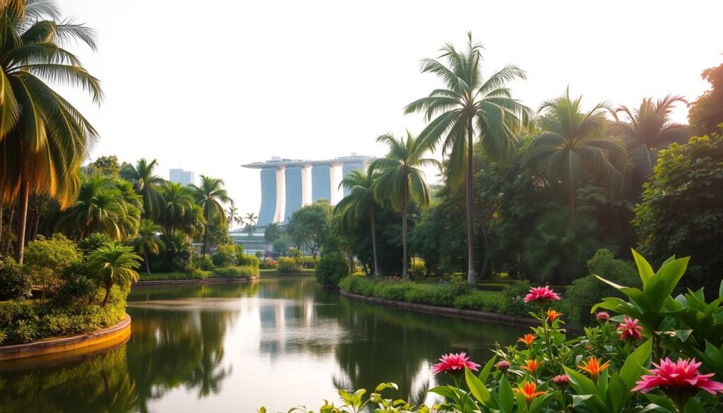 Gardens Bay, Singapore, on a warm afternoon. A lush, verdant landscape with towering palm trees lining the waterfront. In the foreground, a serene pond reflects the surrounding foliage and the iconic Marina Bay Sands hotel in the distance. Vibrant tropical flowers dot the well-manicured gardens, creating a tranquil and picturesque scene. Warm, diffused sunlight filters through the canopy, casting a gentle glow over the entire setting. The composition is balanced, with the architectural elements of the hotel complementing the natural beauty of the gardens. An inviting, peaceful atmosphere that captures the essence of Singapore's iconic neighborhoods and attractions.