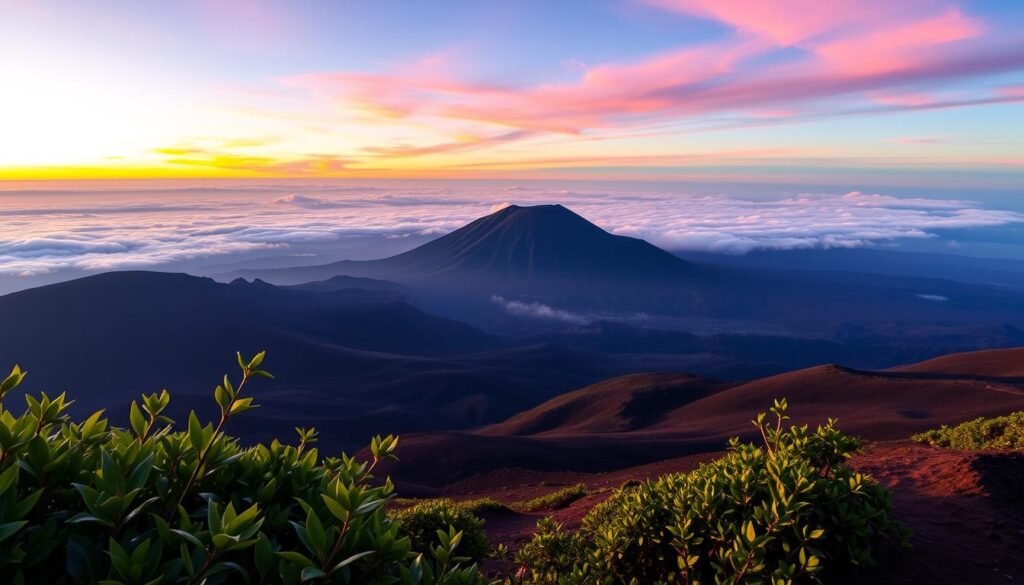 Haleakalā National Park at dawn, the sun's golden rays illuminate the rugged volcanic crater landscape. In the foreground, lush green flora sway gently in the cool morning breeze. The middle ground reveals the dramatic silhouette of Haleakalā's iconic shield volcano, its slopes dusted with a light layer of mist. In the distance, the sky transitions from deep indigo to vibrant shades of orange and pink, creating a stunning natural spectacle. Capture the serene, ethereal atmosphere of this Maui treasure through a wide-angle lens, highlighting the scale and grandeur of this protected wilderness area. Haleakalā National Park at dawn, the sun's golden rays illuminate the rugged volcanic crater landscape. In the foreground, lush green flora sway gently in the cool morning breeze. The middle ground reveals the dramatic silhouette of Haleakalā's iconic shield volcano, its slopes dusted with a light layer of mist. In the distance, the sky transitions from deep indigo to vibrant shades of orange and pink, creating a stunning natural spectacle. Capture the serene, ethereal atmosphere of this Maui treasure through a wide-angle lens, highlighting the scale and grandeur of this protected wilderness area.