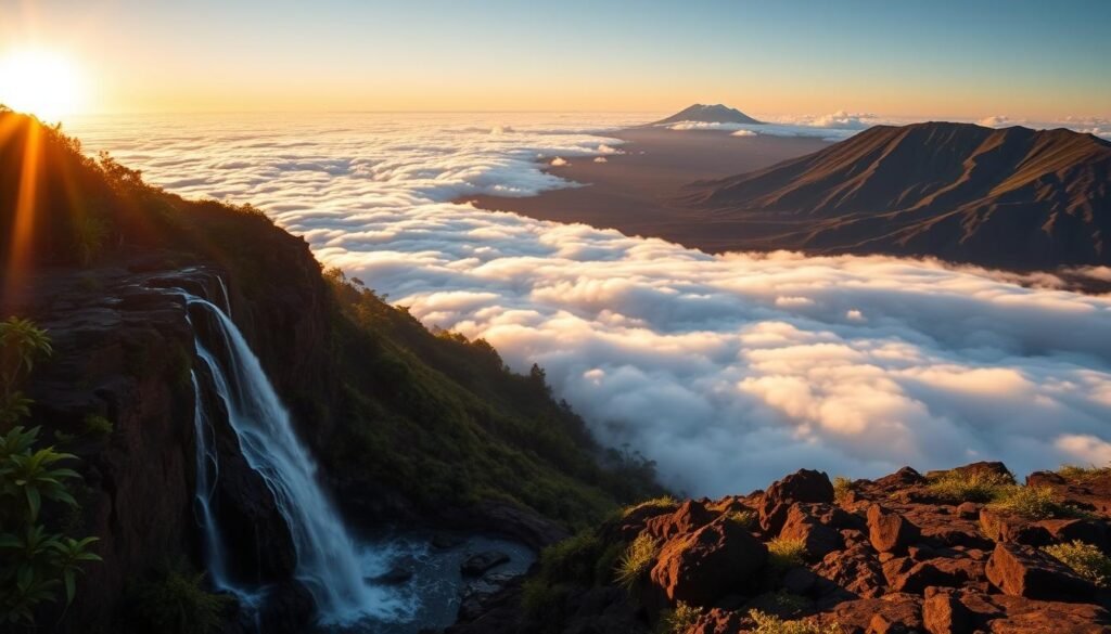 Haleakala National Park at sunrise, a breathtaking vista of golden light cascading over the lush, emerald-green tropical foliage. In the foreground, a majestic waterfall cascades over volcanic rock formations, its crystal-clear waters reflecting the warm hues of the morning sky. The middle ground reveals a vast, rolling landscape blanketed in a sea of fluffy white clouds, with the silhouette of the park's iconic dormant volcano, Haleakala, rising majestically in the distance. The scene is captured through a wide-angle lens, showcasing the grand scale and natural splendor of this remarkable Hawaiian paradise, bathed in the soft, diffused glow of the rising sun. Haleakala National Park at sunrise, a breathtaking vista of golden light cascading over the lush, emerald-green tropical foliage. In the foreground, a majestic waterfall cascades over volcanic rock formations, its crystal-clear waters reflecting the warm hues of the morning sky. The middle ground reveals a vast, rolling landscape blanketed in a sea of fluffy white clouds, with the silhouette of the park's iconic dormant volcano, Haleakala, rising majestically in the distance. The scene is captured through a wide-angle lens, showcasing the grand scale and natural splendor of this remarkable Hawaiian paradise, bathed in the soft, diffused glow of the rising sun.
