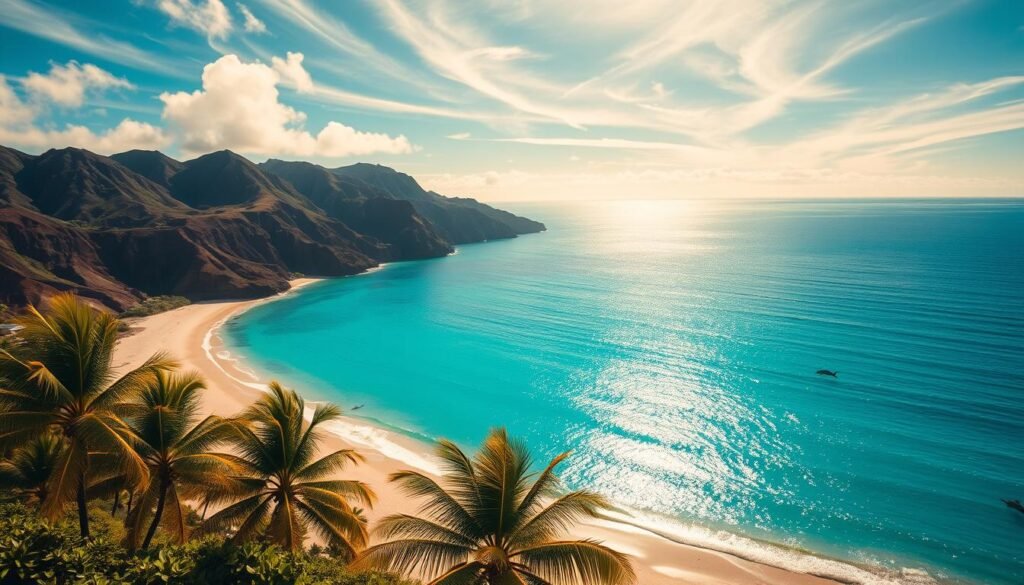 Hulopoe Bay, a pristine crescent-shaped beach on the island of Lānaʻi, Hawaii. Soft white sand meets crystal-clear turquoise waters, framed by rugged volcanic cliffs in the background. Warm sunlight filters through wispy cirrus clouds, casting a golden glow across the serene scene. In the foreground, lush palm trees sway gently in the tropical breeze. Offshore, a pod of graceful spinner dolphins glides through the calm, shimmering waves. This idyllic natural landscape exudes a sense of tranquil luxury, inviting visitors to bask in the quiet beauty of Lānaʻi's unspoiled coastal charm. Hulopoe Bay, a pristine crescent-shaped beach on the island of Lānaʻi, Hawaii. Soft white sand meets crystal-clear turquoise waters, framed by rugged volcanic cliffs in the background. Warm sunlight filters through wispy cirrus clouds, casting a golden glow across the serene scene. In the foreground, lush palm trees sway gently in the tropical breeze. Offshore, a pod of graceful spinner dolphins glides through the calm, shimmering waves. This idyllic natural landscape exudes a sense of tranquil luxury, inviting visitors to bask in the quiet beauty of Lānaʻi's unspoiled coastal charm.