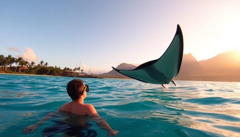 Kailua Kona at sunset, a breathtaking vista of crystal clear turquoise waters and a majestic manta ray silhouetted against the golden sky. In the foreground, a snorkeler gazes in awe as the gentle giant glides gracefully through the shallows, its enormous wings creating mesmerizing patterns in the rippling surface. The middle ground features a lush, tropical coastline dotted with swaying palm trees, while the background is dominated by the dramatic volcanic landscape, shrouded in soft, hazy light. The scene exudes a sense of tranquility and wonder, perfectly capturing the allure of Hawaii's manta ray encounters during the balmy January weather.