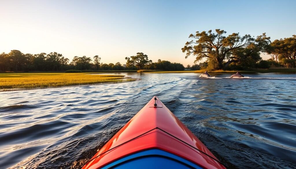 Kayak gliding across the serene waters of Broad Creek, Hilton Head Island. In the foreground, the sleek kayak cuts through the gentle ripples, its vibrant colors reflecting the sunlight. In the middle ground, verdant marshlands and towering live oak trees line the shoreline, creating a lush, natural backdrop. In the distance, a pod of playful dolphins leaps through the waves, their graceful arcs catching the eye. The scene is bathed in a warm, golden glow, as the sun dips low in the sky, hinting at the impending fireworks display over the creek later in the evening. A sense of tranquility and adventure permeates the setting, inviting the viewer to join in the Lowcountry experience.