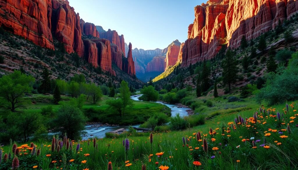 Kolob Canyons canyon, a serene oasis nestled within the grandeur of Zion National Park. Towering red sandstone cliffs cast dramatic shadows across the winding river below, creating a captivating interplay of light and shadow. In the foreground, a lush, verdant meadow peppered with vibrant wildflowers invites the viewer to bask in the tranquility. The middle ground features a gently meandering stream, its crystal-clear waters reflecting the majestic canyon walls. In the background, rugged, jagged peaks stretch skyward, their snow-capped summits glowing in the warm, golden sunlight. The scene exudes a sense of timeless beauty and solitude, inviting the viewer to escape the crowds and immerse themselves in the peaceful grandeur of Kolob Canyons. Kolob Canyons canyon, a serene oasis nestled within the grandeur of Zion National Park. Towering red sandstone cliffs cast dramatic shadows across the winding river below, creating a captivating interplay of light and shadow. In the foreground, a lush, verdant meadow peppered with vibrant wildflowers invites the viewer to bask in the tranquility. The middle ground features a gently meandering stream, its crystal-clear waters reflecting the majestic canyon walls. In the background, rugged, jagged peaks stretch skyward, their snow-capped summits glowing in the warm, golden sunlight. The scene exudes a sense of timeless beauty and solitude, inviting the viewer to escape the crowds and immerse themselves in the peaceful grandeur of Kolob Canyons.
