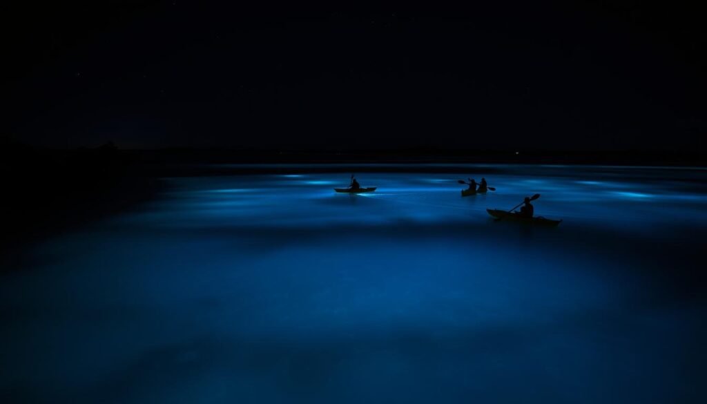 Laguna Grande, a mesmerizing bioluminescent bay in Puerto Rico, shimmering with a captivating glow. In the foreground, the still, reflective waters dance with a vibrant blue-green luminescence, illuminating the mangrove-lined shore. The middle ground reveals the silhouettes of kayakers gliding through the enchanted waters, their paddles creating ripples that ignite the bioluminescent organisms. In the background, a starry night sky stretches across the horizon, its celestial brilliance complementing the ethereal glow of the lagoon. Soft, diffused lighting bathes the scene, creating a serene and enchanting atmosphere, inviting the viewer to immerse themselves in this natural wonder. Laguna Grande, a mesmerizing bioluminescent bay in Puerto Rico, shimmering with a captivating glow. In the foreground, the still, reflective waters dance with a vibrant blue-green luminescence, illuminating the mangrove-lined shore. The middle ground reveals the silhouettes of kayakers gliding through the enchanted waters, their paddles creating ripples that ignite the bioluminescent organisms. In the background, a starry night sky stretches across the horizon, its celestial brilliance complementing the ethereal glow of the lagoon. Soft, diffused lighting bathes the scene, creating a serene and enchanting atmosphere, inviting the viewer to immerse themselves in this natural wonder.