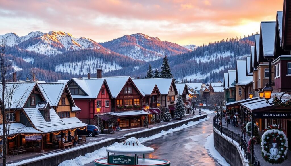 Leavenworth, a Bavarian-inspired town nestled in the Cascade Mountains, lies blanketed in a pristine winter wonderland. Capture the charming main street, its quaint storefronts and cafes adorned with twinkling lights and festive decorations, against a backdrop of snow-capped peaks bathed in a warm, golden glow from the setting sun. Angle the camera to showcase the iconic Nutcracker-style architecture, with its ornate facades and pointed roofs, creating a magical, fairytale-like atmosphere. Include the tranquil Wenatchee River flowing alongside the town, its waters partially frozen over, reflecting the snow-covered landscape. Utilize a wide-angle lens to convey the scale and grandeur of this picturesque winter scene, inviting the viewer to immerse themselves in Leavenworth's Bavarian-style charm. Leavenworth, a Bavarian-inspired town nestled in the Cascade Mountains, lies blanketed in a pristine winter wonderland. Capture the charming main street, its quaint storefronts and cafes adorned with twinkling lights and festive decorations, against a backdrop of snow-capped peaks bathed in a warm, golden glow from the setting sun. Angle the camera to showcase the iconic Nutcracker-style architecture, with its ornate facades and pointed roofs, creating a magical, fairytale-like atmosphere. Include the tranquil Wenatchee River flowing alongside the town, its waters partially frozen over, reflecting the snow-covered landscape. Utilize a wide-angle lens to convey the scale and grandeur of this picturesque winter scene, inviting the viewer to immerse themselves in Leavenworth's Bavarian-style charm.
