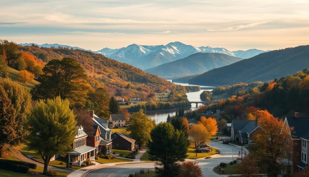 Lush green landscapes, rolling hills, and historic landmarks come together in a captivating mid-Atlantic scene. In the foreground, a winding country road meanders past quaint colonial-style homes and charming small-town main streets. Towering trees line the streets, their autumn foliage casting warm hues across the scene. In the middle ground, majestic mountains rise, their peaks dusted with a light snowfall. A picturesque river winds through the valley, its reflective surface mirroring the surrounding natural beauty. The sky above is a soft, hazy blue, with wispy clouds casting gentle shadows across the landscape. This idyllic mid-Atlantic setting, captured with a warm, nostalgic lens, evokes a sense of timeless wonder and historic charm.