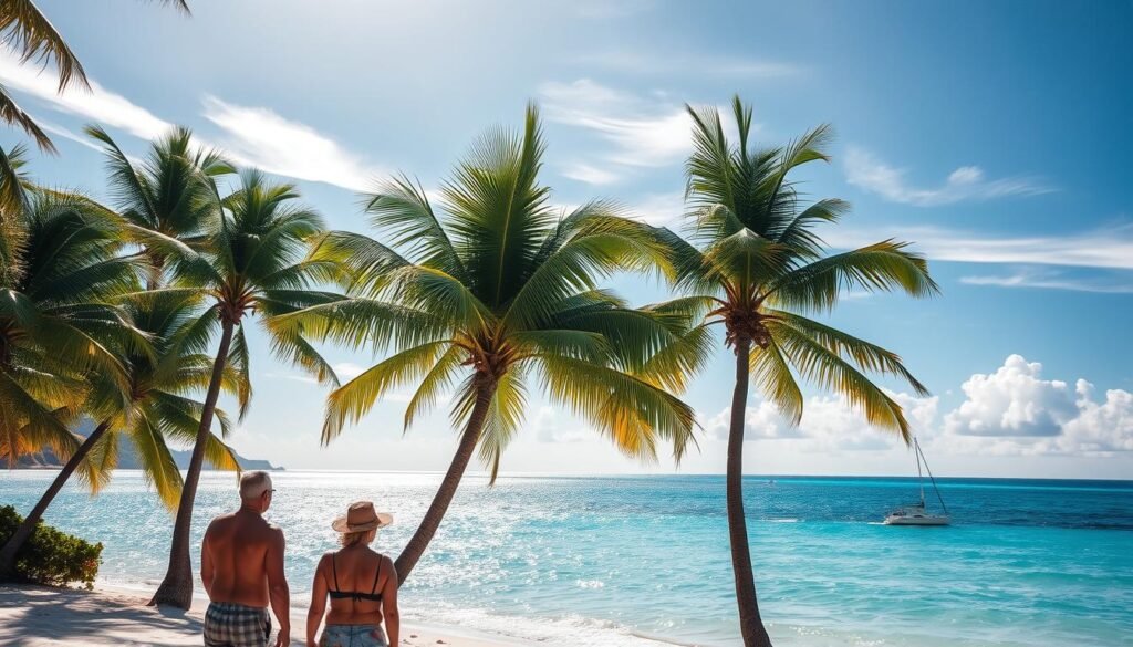 Lush palm trees sway in the gentle Caribbean breeze, casting dappled shadows on the pristine white-sand beach. A lone sailboat glides across the shimmering turquoise waters, its reflection rippling in the soft afternoon light. Wispy clouds drift overhead, hinting at the perfect weather for exploring the island's hidden coves and lush tropical forests. In the foreground, a pair of sun-kissed beachgoers pause to admire the breathtaking panorama, lost in the tranquil moment. The scene exudes an air of timeless serenity, capturing the essence of the best time to visit the Caribbean.