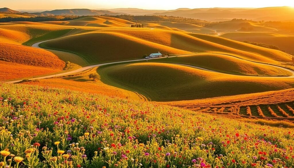 Lush, rolling hills blanketed in vibrant wildflowers, with winding country roads that lead to charming small towns nestled in the Texas Hill Country. A warm, golden light bathes the serene landscape, casting long shadows across the undulating terrain. In the distance, a picturesque farmhouse or historic landmark emerges, beckoning travelers to explore the region's rich history and natural beauty. The scene conveys a sense of tranquility and adventure, inviting the viewer to embark on a scenic day trip through this captivating corner of the Lone Star State.