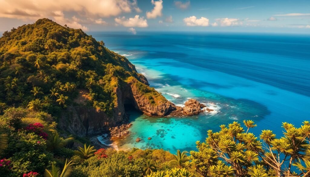 Lush, verdant island cloaked in swaying palms and vibrant flora, encircled by crystal-clear turquoise waters lapping gently at its sun-dappled coves and rocky shores. Towering cliffs plunge into the sea, offering breathtaking vistas of the Pacific's endless azure horizon. Rugged hiking trails wind through the island's interior, leading to hidden alcoves and panoramic viewpoints. Warm, golden light filters through wispy clouds, casting a soft, dreamlike glow over the tranquil, idyllic scene. Serene, secluded, and bursting with natural splendor, the island exudes an irresistible sense of island escapism and coastal serenity.