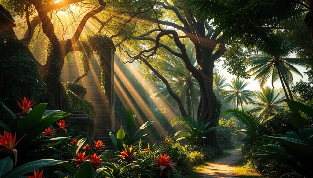 Lush, verdant jungle canopy, sun-dappled foliage and twisted vines cascading over ancient ruins. In the foreground, a vibrant array of tropical flora - exotic flowers, broad-leafed plants, and towering palm trees. A winding path leads deeper into the verdant expanse, where the calls of exotic birds and the buzzing of insects create a symphony of life. Beams of warm, golden light filter through the dense foliage, casting a magical glow over the scene. The overall atmosphere is one of primeval wonder, inviting the viewer to explore the hidden wonders of this lush, untamed landscape. Lush, verdant jungle canopy, sun-dappled foliage and twisted vines cascading over ancient ruins. In the foreground, a vibrant array of tropical flora - exotic flowers, broad-leafed plants, and towering palm trees. A winding path leads deeper into the verdant expanse, where the calls of exotic birds and the buzzing of insects create a symphony of life. Beams of warm, golden light filter through the dense foliage, casting a magical glow over the scene. The overall atmosphere is one of primeval wonder, inviting the viewer to explore the hidden wonders of this lush, untamed landscape.