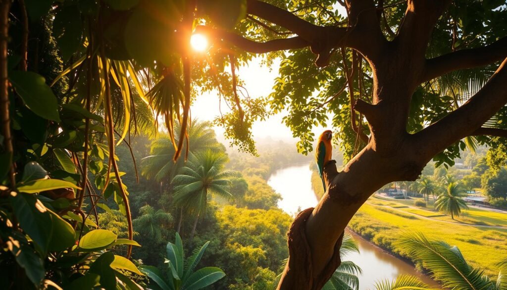 Lush, verdant rainforest canopy teeming with life. Sunlight filters through dense foliage, casting a warm, golden glow. In the foreground, a curious monkey peers out from a tangle of vines and branches. Nearby, a vibrant parrot perches on a weathered tree trunk, its plumage a riot of colors. In the distance, a serene river winds through the landscape, its banks dotted with towering palm trees. The air is thick with the buzzing of insects and the calls of exotic birds. A sense of untamed, primal beauty pervades the scene, inviting the viewer to immerse themselves in the wonders of the natural world. Lush, verdant rainforest canopy teeming with life. Sunlight filters through dense foliage, casting a warm, golden glow. In the foreground, a curious monkey peers out from a tangle of vines and branches. Nearby, a vibrant parrot perches on a weathered tree trunk, its plumage a riot of colors. In the distance, a serene river winds through the landscape, its banks dotted with towering palm trees. The air is thick with the buzzing of insects and the calls of exotic birds. A sense of untamed, primal beauty pervades the scene, inviting the viewer to immerse themselves in the wonders of the natural world.