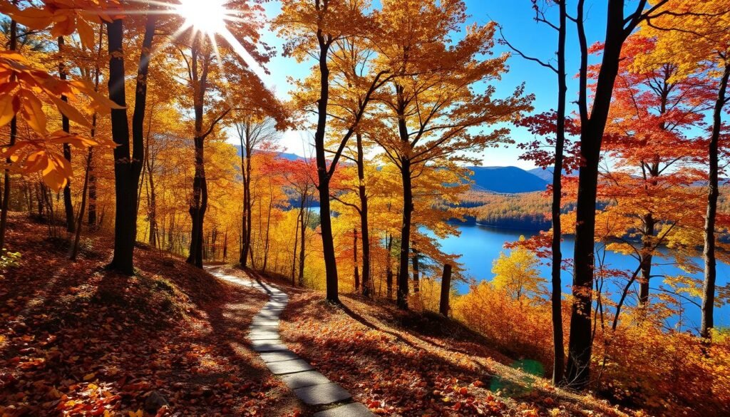 Lush, vibrant foliage of Acadia National Park in autumn. Tall, golden-leafed trees frame a winding path, leading the eye towards a picturesque lake nestled between rolling hills. Sunlight filters through the canopy, casting a warm, golden glow over the scene. In the foreground, a carpet of fallen leaves in shades of red, orange, and yellow invites visitors to crunch underfoot. The tranquil, reflective surface of the lake mirrors the surrounding landscape, creating a serene and captivating tableau. Crisp, clean air and a sense of peaceful solitude pervade the setting, capturing the essence of Acadia in the fall.