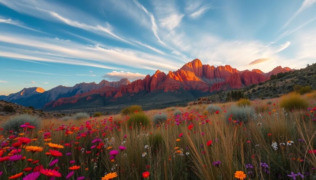 Lush wildflower meadows in the foreground, vibrant reds and oranges of rocky outcroppings in the middle ground, with a distant mountain range bathed in warm, golden light. Soft, wispy clouds drift across a cerulean sky. The scene exudes a sense of peaceful tranquility, with the sun's rays casting a gentle glow over the entire landscape. Capture this serene, natural beauty with a wide-angle lens, highlighting the scale and grandeur of the setting. The overall mood is one of awe and wonder, inviting the viewer to step into this picturesque, untamed corner of the American Southwest. Lush wildflower meadows in the foreground, vibrant reds and oranges of rocky outcroppings in the middle ground, with a distant mountain range bathed in warm, golden light. Soft, wispy clouds drift across a cerulean sky. The scene exudes a sense of peaceful tranquility, with the sun's rays casting a gentle glow over the entire landscape. Capture this serene, natural beauty with a wide-angle lens, highlighting the scale and grandeur of the setting. The overall mood is one of awe and wonder, inviting the viewer to step into this picturesque, untamed corner of the American Southwest.