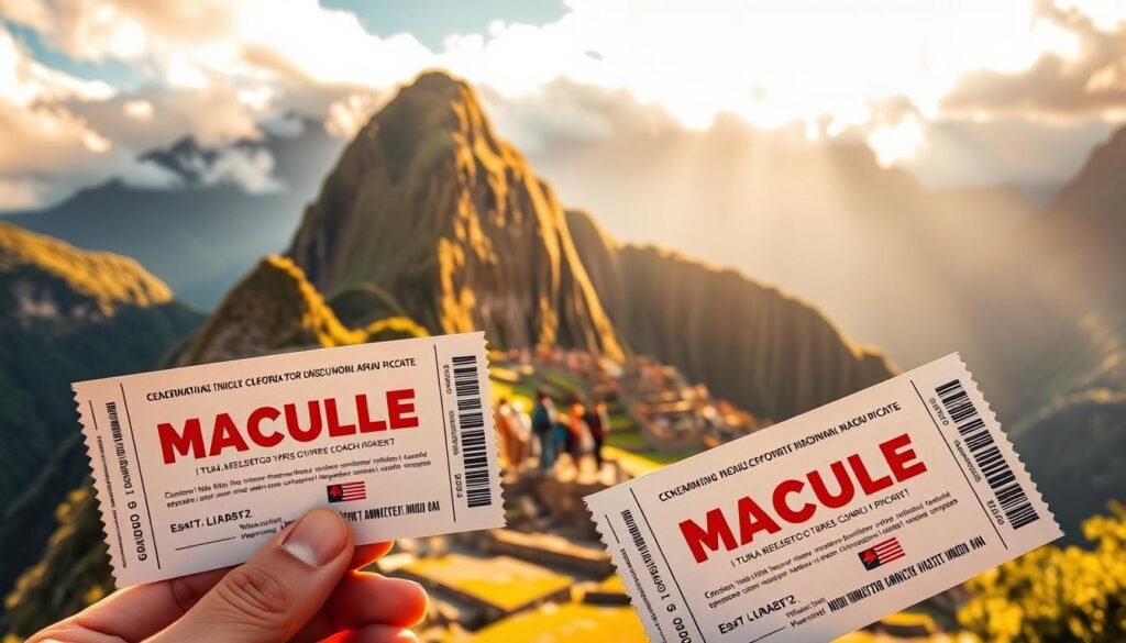 Machu Picchu tickets displayed in the foreground, crisp and vibrant, against a backdrop of the iconic stone structures and lush Andean mountain landscape. Warm, golden sunlight filters through wispy clouds, casting soft shadows and illuminating the ancient ruins. In the middle ground, a group of visitors stands in awe, capturing the moment with their cameras. The scene conveys a sense of adventure, wonder, and the allure of exploring this UNESCO World Heritage Site during the dry season when the weather is mild and the crowds are smaller. The overall composition is balanced, inviting the viewer to immerse themselves in the grandeur of Machu Picchu.
