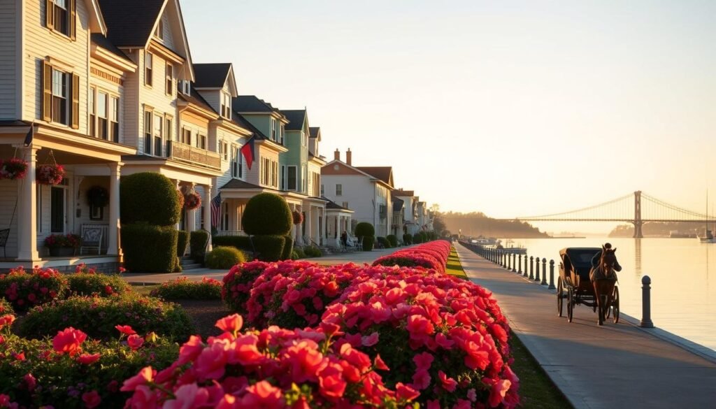 Mackinac Island morning, a serene scene bathed in warm, golden light. The quaint Victorian-style buildings, their pastel facades reflecting in the still waters of the harbor. A manicured garden bursting with vibrant flowers, their petals swaying gently in the soft breeze. A horse-drawn carriage clip-clopping down the car-free streets, transporting visitors back in time. In the distance, the iconic Mackinac Bridge stands tall, its graceful arches stretching across the horizon. A tranquil atmosphere pervades the island, inviting exploration and leisurely strolls amidst the historic charm and natural beauty.