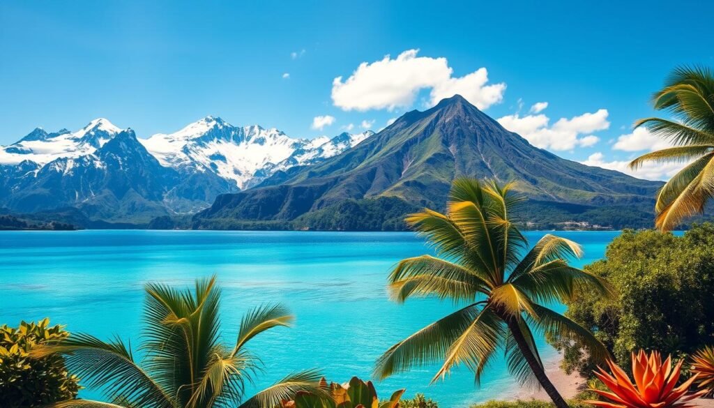 Majestic mountains capped in pristine snow rise majestically against a backdrop of vibrant azure skies, while lush, verdant forests cascade down their slopes. In the foreground, a crystal-clear turquoise lagoon reflects the sun's golden rays, framed by swaying palm trees and exotic flora. On the horizon, a volcanic peak juts out from the ocean, its slopes blanketed in a tapestry of tropical greens. The scene is a harmonious fusion of Alaska's rugged grandeur and Hawaiʻi's breathtaking natural beauty, a visual embodiment of the diverse landscapes that define these two iconic American states.