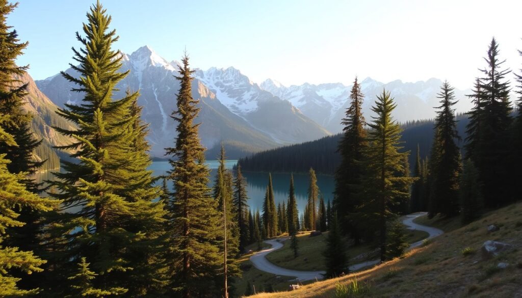 Majestic mountains rise in the distance, their snow-capped peaks reaching towards the heavens. A serene alpine lake reflects the surrounding landscape, its crystal-clear waters shimmering in the warm, golden sunlight. In the foreground, towering evergreen trees sway gently in a light breeze, their verdant canopies providing a lush, inviting atmosphere. A meandering hiking trail winds through the scene, inviting the viewer to explore this breathtaking natural wonder. The overall mood is one of tranquility and awe, capturing the essence of a truly incredible national park worth the journey. Majestic mountains rise in the distance, their snow-capped peaks reaching towards the heavens. A serene alpine lake reflects the surrounding landscape, its crystal-clear waters shimmering in the warm, golden sunlight. In the foreground, towering evergreen trees sway gently in a light breeze, their verdant canopies providing a lush, inviting atmosphere. A meandering hiking trail winds through the scene, inviting the viewer to explore this breathtaking natural wonder. The overall mood is one of tranquility and awe, capturing the essence of a truly incredible national park worth the journey.