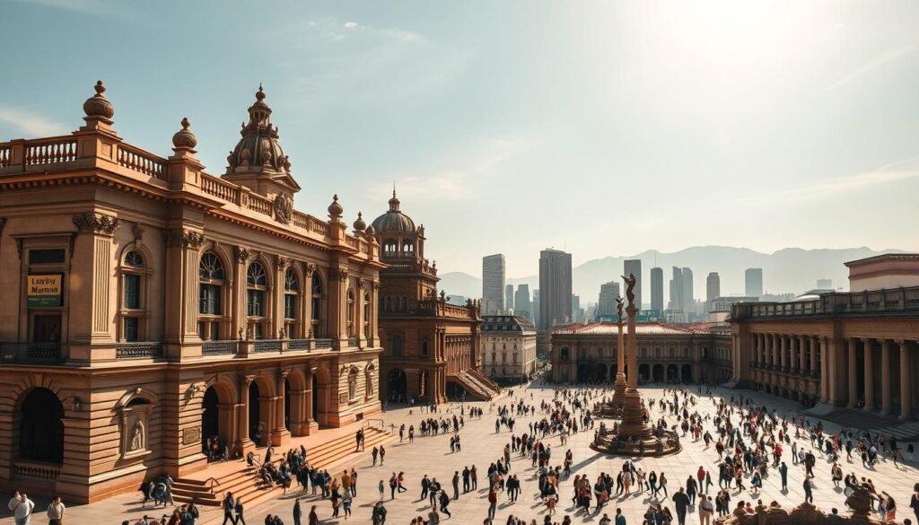 Majestic museums of Mexico City, standing as testaments to the nation's rich cultural heritage. In the foreground, a grand colonial-style building with intricate facades and ornate details, its regal presence commanding attention. The middle ground reveals a bustling plaza, bustling with locals and visitors alike, marveling at the architectural marvels that surround them. In the background, the iconic silhouettes of towering skyscrapers and the distant mountains, creating a stunning juxtaposition of old and new. Warm, golden lighting bathes the scene, evoking a sense of timeless elegance. Captured through a wide-angle lens, this image offers a comprehensive glimpse into the captivating world of Mexico City's museums, inviting the viewer to embark on a journey of artistic and historical discovery. Majestic museums of Mexico City, standing as testaments to the nation's rich cultural heritage. In the foreground, a grand colonial-style building with intricate facades and ornate details, its regal presence commanding attention. The middle ground reveals a bustling plaza, bustling with locals and visitors alike, marveling at the architectural marvels that surround them. In the background, the iconic silhouettes of towering skyscrapers and the distant mountains, creating a stunning juxtaposition of old and new. Warm, golden lighting bathes the scene, evoking a sense of timeless elegance. Captured through a wide-angle lens, this image offers a comprehensive glimpse into the captivating world of Mexico City's museums, inviting the viewer to embark on a journey of artistic and historical discovery.