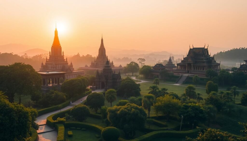 Majestic temples rising amidst lush, verdant landscapes, their ornate facades glowing under the warm, golden light of the sun. Towering spires and intricate carvings adorning the structures, reflecting the rich cultural heritage of ancient Asian civilizations. In the foreground, a winding path leads visitors through tranquil gardens, offering a serene and immersive experience. The middle ground showcases the grand scale of these architectural marvels, their imposing presence commanding attention. In the distance, a hazy, dreamlike backdrop of rolling hills and misty skies sets the scene, evoking a sense of timeless wonder and mystique. Majestic temples rising amidst lush, verdant landscapes, their ornate facades glowing under the warm, golden light of the sun. Towering spires and intricate carvings adorning the structures, reflecting the rich cultural heritage of ancient Asian civilizations. In the foreground, a winding path leads visitors through tranquil gardens, offering a serene and immersive experience. The middle ground showcases the grand scale of these architectural marvels, their imposing presence commanding attention. In the distance, a hazy, dreamlike backdrop of rolling hills and misty skies sets the scene, evoking a sense of timeless wonder and mystique.