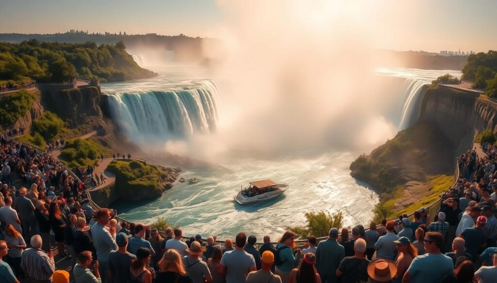 Niagara Falls, a majestic natural wonder, with crowds of visitors standing in awe. A wide-angle aerial view captures the grandeur of the cascading waters, framed by the lush green banks and the iconic Horseshoe Falls. Warm, golden sunlight illuminates the scene, creating a sense of vibrancy and energy. The foreground is alive with people taking in the breathtaking sight, their expressions a mix of wonder and excitement. In the middle ground, tour boats navigate the churning currents, offering a closer perspective of the thundering falls. The background recedes into a hazy, misty atmosphere, emphasizing the scale and power of this natural phenomenon. An image that conveys the best time to visit Niagara Falls, balancing the crowds, weather, and water flow for an unforgettable experience.