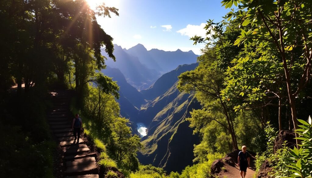 North Shore hiking trail winding through lush, verdant foliage. Sunlight filters through the canopy, casting a warm, golden glow over the scene. In the middle ground, hikers navigate the well-maintained path, their silhouettes providing a sense of scale. In the distance, towering peaks rise, their jagged outlines framed against a brilliant blue sky. The trail meanders along the edge of a deep, shimmering ravine, offering dramatic views of the rugged, windswept landscape. A sense of adventure and serenity pervades the atmosphere, inviting the viewer to explore this captivating corner of Oahu. North Shore hiking trail winding through lush, verdant foliage. Sunlight filters through the canopy, casting a warm, golden glow over the scene. In the middle ground, hikers navigate the well-maintained path, their silhouettes providing a sense of scale. In the distance, towering peaks rise, their jagged outlines framed against a brilliant blue sky. The trail meanders along the edge of a deep, shimmering ravine, offering dramatic views of the rugged, windswept landscape. A sense of adventure and serenity pervades the atmosphere, inviting the viewer to explore this captivating corner of Oahu.