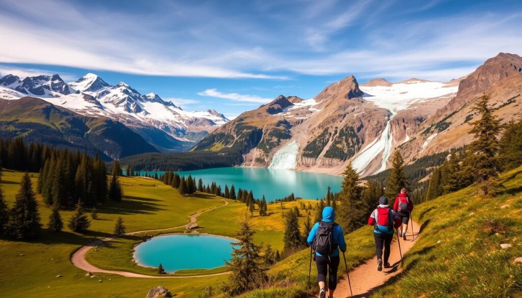Outdoor activities I can't stop recommending A breathtaking Swiss landscape unfolds, with majestic snow-capped peaks piercing the azure sky. In the foreground, a group of hikers traverse a winding mountain trail, their backpacks and trekking poles reflecting the warm, golden sunlight. A pristine alpine lake shimmers in the middle distance, its turquoise waters surrounded by lush, verdant meadows and ancient, towering pines. In the background, a dramatic glacial formation cascades down the mountainside, its icy blue hues contrasting with the vibrant greens and browns of the terrain. The scene exudes a sense of adventure, serenity, and the pure, untamed beauty of the Swiss outdoors. Outdoor activities I can't stop recommending A breathtaking Swiss landscape unfolds, with majestic snow-capped peaks piercing the azure sky. In the foreground, a group of hikers traverse a winding mountain trail, their backpacks and trekking poles reflecting the warm, golden sunlight. A pristine alpine lake shimmers in the middle distance, its turquoise waters surrounded by lush, verdant meadows and ancient, towering pines. In the background, a dramatic glacial formation cascades down the mountainside, its icy blue hues contrasting with the vibrant greens and browns of the terrain. The scene exudes a sense of adventure, serenity, and the pure, untamed beauty of the Swiss outdoors.