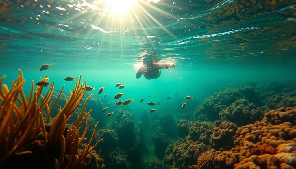 Oʻahu fall snorkeling: A serene underwater scene, sun-dappled waters caressing the vibrant coral reefs. Sleek schools of tropical fish dart between the swaying kelp and anemones, as a snorkeler effortlessly glides through the calm, crystalline depths. The warmth of the autumn sun filters through the surface, casting a golden glow over the tranquil seascape. Lush, verdant foliage lines the distant shoreline, hinting at the lush island landscape above. Soft, diffused lighting and a wide-angle lens capture the sense of peace and wonder of this intimate ocean encounter. Oʻahu fall snorkeling: A serene underwater scene, sun-dappled waters caressing the vibrant coral reefs. Sleek schools of tropical fish dart between the swaying kelp and anemones, as a snorkeler effortlessly glides through the calm, crystalline depths. The warmth of the autumn sun filters through the surface, casting a golden glow over the tranquil seascape. Lush, verdant foliage lines the distant shoreline, hinting at the lush island landscape above. Soft, diffused lighting and a wide-angle lens capture the sense of peace and wonder of this intimate ocean encounter.