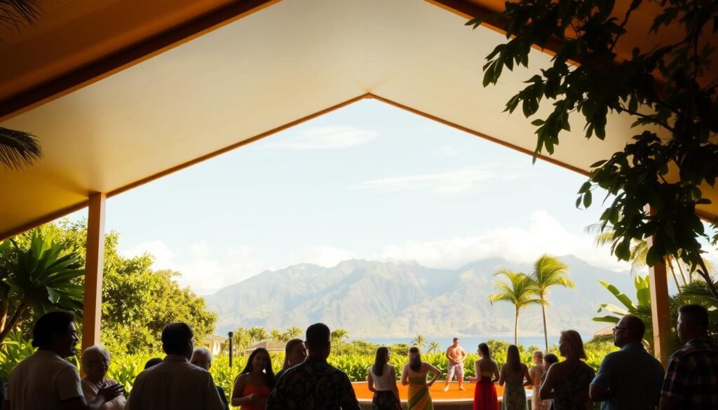Oʻahu gathering place: An expansive, sun-drenched pavilion nestled amidst lush, verdant foliage. In the foreground, a group of people engaged in lively conversation, their expressions animated as they share stories and traditions. The middle ground features an open-air stage, where hula dancers sway gracefully to the rhythm of traditional Hawaiian music. In the background, majestic mountains rise, their peaks kissed by wispy clouds, creating a serene and picturesque backdrop. Warm, golden lighting bathes the scene, casting a welcoming and inviting atmosphere. The overall composition captures the essence of Oʻahu as a gathering place for cultural exchange, community, and the celebration of the island's rich heritage. Oʻahu gathering place: An expansive, sun-drenched pavilion nestled amidst lush, verdant foliage. In the foreground, a group of people engaged in lively conversation, their expressions animated as they share stories and traditions. The middle ground features an open-air stage, where hula dancers sway gracefully to the rhythm of traditional Hawaiian music. In the background, majestic mountains rise, their peaks kissed by wispy clouds, creating a serene and picturesque backdrop. Warm, golden lighting bathes the scene, casting a welcoming and inviting atmosphere. The overall composition captures the essence of Oʻahu as a gathering place for cultural exchange, community, and the celebration of the island's rich heritage.