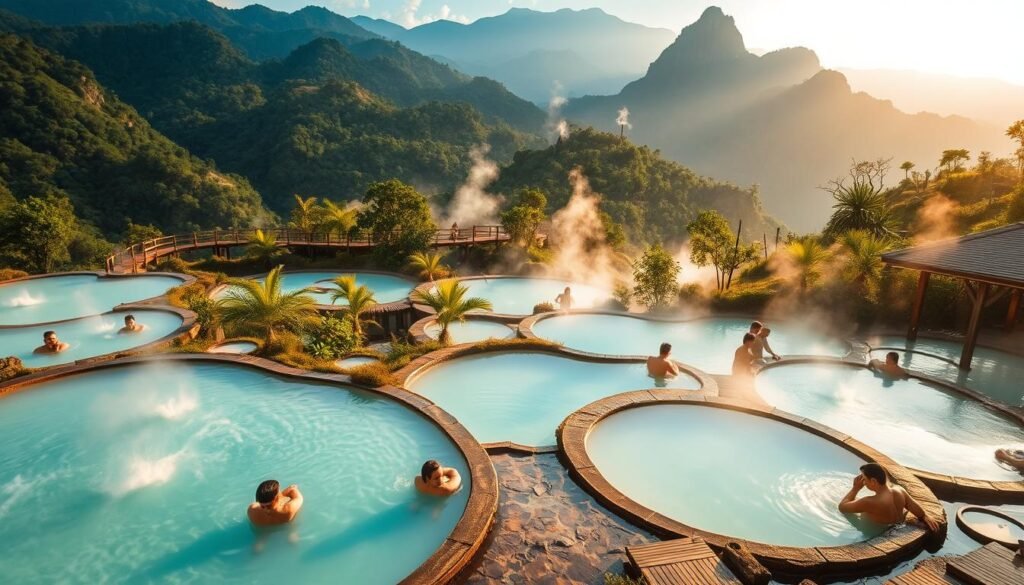 Pai hot springs, nestled in the lush hills of northern Thailand, surrounded by verdant forests and majestic mountains. In the foreground, crystal-clear turquoise pools of natural thermal waters, their surfaces gently steaming. Bathers relax in the soothing waters, enjoying the serene atmosphere. In the middle ground, wooden bridges and pathways wind through the landscape, leading visitors deeper into this oasis of tranquility. The background features towering cliffs and peaks, their rugged beauty framing the scene. Warm, diffused lighting bathes the entire landscape, creating a sense of warmth and relaxation. A dreamlike, almost ethereal quality pervades the setting, inviting visitors to immerse themselves in the natural splendor of Pai's hot springs.