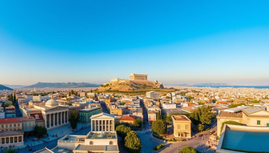 Panoramic view of Athens skyline, with the iconic Acropolis and Parthenon temple rising majestically against a clear blue sky. In the foreground, winding streets and bustling plazas filled with people, cafes, and local shops. The middle ground features the neoclassical buildings and monuments of the historic city center, while the background showcases the Saronic Gulf, dotted with small islands and the hazy outline of the Athenian Riviera. Warm, golden sunlight filters through, casting a pleasant, vibrant glow over the entire scene. A harmonious blend of ancient history and modern, urban energy.