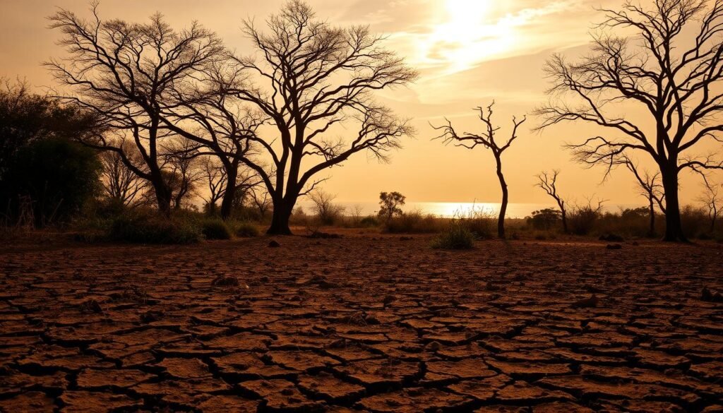 Parched earth, sun-baked ground, a landscape thirsty for rain. In the foreground, cracked soil and withered vegetation, their once vibrant colors faded to muted tones. Towering, windswept trees stand sentinel, their bare branches reaching skyward, silhouetted against a hazy, golden horizon. The air is thick with a palpable stillness, the only movement a shimmering mirage on the horizon. Gentle rays of warm, diffused light filter through a veil of wispy clouds, casting a soft, nostalgic glow over the scene. A sense of quiet desolation and resilience permeates the frame, capturing the essence of Costa Rica's dry season.