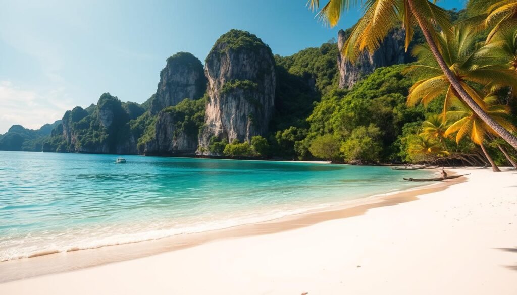 Phuket island beaches, sun-dappled and serene, lapped by turquoise waters. In the foreground, powdery white sand stretches out, dotted with swaying palms. Limestone cliffs rise majestically in the middle ground, their rugged faces framing the idyllic coves. In the distance, verdant mangrove forests spill into the tranquil bays, creating a lush, hidden world to explore. The scene is bathed in warm, golden light, creating a dreamlike, paradise-like atmosphere. Capture this quintessential Thai island escape with a wide-angle lens, showcasing the breathtaking natural beauty and sense of serene, entry-level island bliss.