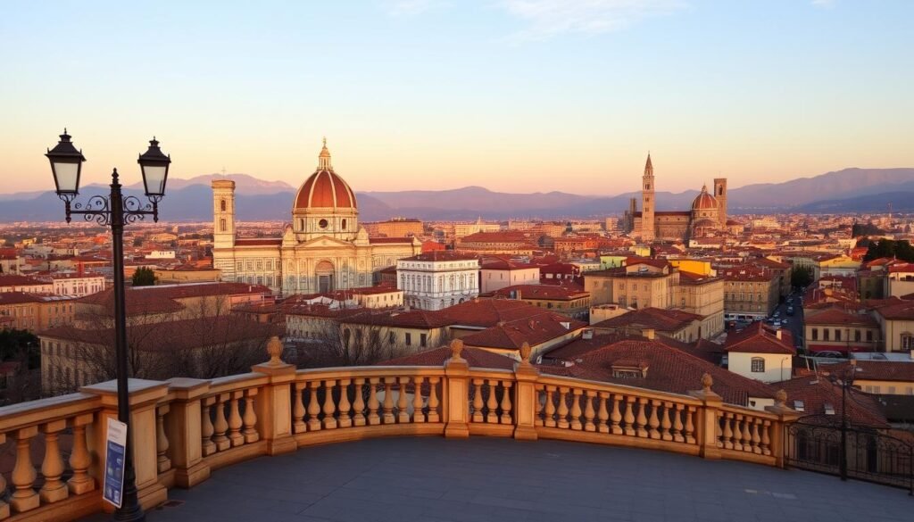 Piazzale Michelangelo at golden hour, overlooking the iconic skyline of Florence. In the foreground, a picturesque terrace with stone balustrades and ornate lampposts. The middle ground features the stunning Basilica of San Miniato al Monte, its marble facade aglow in the warm evening light. In the distance, the terracotta roofs and bell towers of the historic city center, with the Duomo and Palazzo Vecchio standing tall. A serene, romantic atmosphere pervades the scene, inviting visitors to soak in the breathtaking panoramic views of this Tuscan gem. Piazzale Michelangelo at golden hour, overlooking the iconic skyline of Florence. In the foreground, a picturesque terrace with stone balustrades and ornate lampposts. The middle ground features the stunning Basilica of San Miniato al Monte, its marble facade aglow in the warm evening light. In the distance, the terracotta roofs and bell towers of the historic city center, with the Duomo and Palazzo Vecchio standing tall. A serene, romantic atmosphere pervades the scene, inviting visitors to soak in the breathtaking panoramic views of this Tuscan gem.