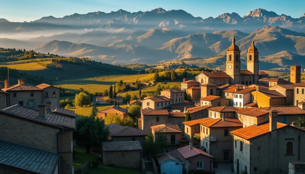 Picturesque Umbrian towns nestled in rolling hills, bathed in warm golden light. In the foreground, cobblestone streets wind between stone buildings with terracotta roofs, their facades weathered by time. Towering cathedrals and bell towers punctuate the skyline, their spires reaching towards the heavens. In the middle ground, olive groves and vineyards sprawl across the landscape, a testament to the region's agricultural heritage. The background is dominated by rugged, undulating mountains, their jagged peaks cloaked in mist. The overall scene exudes a timeless, tranquil atmosphere, inviting the viewer to step into the enchanting world of Umbria. Picturesque Umbrian towns nestled in rolling hills, bathed in warm golden light. In the foreground, cobblestone streets wind between stone buildings with terracotta roofs, their facades weathered by time. Towering cathedrals and bell towers punctuate the skyline, their spires reaching towards the heavens. In the middle ground, olive groves and vineyards sprawl across the landscape, a testament to the region's agricultural heritage. The background is dominated by rugged, undulating mountains, their jagged peaks cloaked in mist. The overall scene exudes a timeless, tranquil atmosphere, inviting the viewer to step into the enchanting world of Umbria.