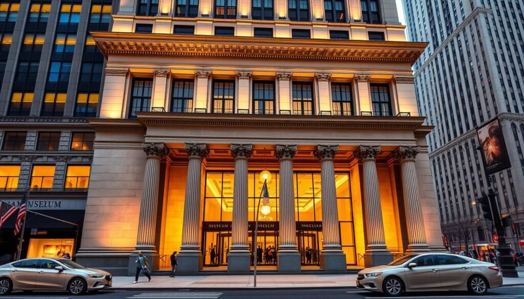 Prompt A grand, towering museum facade in the heart of New York City, its neoclassical architecture adorned with intricate columns and ornate details. The entrance is illuminated by warm, golden lighting, casting a welcoming glow onto the bustling city streets. Through the glass doors, one can glimpse the grand lobby, where visitors are drawn into a world of art, history, and culture. The museum's collection is diverse, featuring both iconic masterpieces and lesser-known gems, all expertly curated to create an unforgettable experience for every NYC adventurer. Prompt A grand, towering museum facade in the heart of New York City, its neoclassical architecture adorned with intricate columns and ornate details. The entrance is illuminated by warm, golden lighting, casting a welcoming glow onto the bustling city streets. Through the glass doors, one can glimpse the grand lobby, where visitors are drawn into a world of art, history, and culture. The museum's collection is diverse, featuring both iconic masterpieces and lesser-known gems, all expertly curated to create an unforgettable experience for every NYC adventurer.