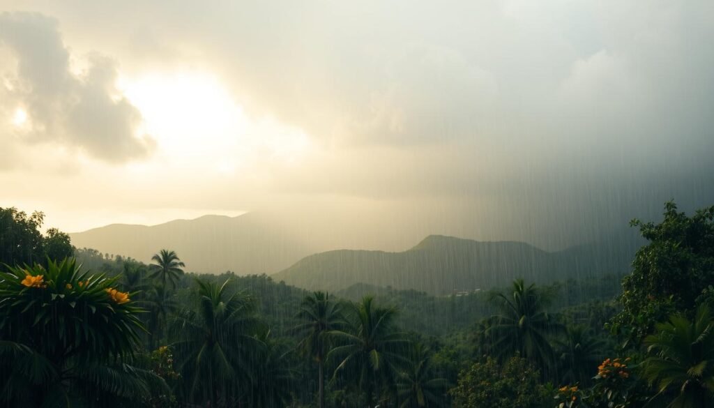 Rainfall cascading through a lush, verdant Jamaican landscape. Thick, billowing storm clouds overhead, casting a moody, atmospheric light. In the foreground, heavy droplets splashing on tropical foliage, glistening leaves and flowers. A middle ground of palm trees swaying gently in the breeze, their fronds rustling. In the distance, rolling hills shrouded in a veil of misty rainfall. Warm, diffused lighting illuminates the scene, creating a sense of tranquility and rejuvenation amidst the natural downpour. Rainfall cascading through a lush, verdant Jamaican landscape. Thick, billowing storm clouds overhead, casting a moody, atmospheric light. In the foreground, heavy droplets splashing on tropical foliage, glistening leaves and flowers. A middle ground of palm trees swaying gently in the breeze, their fronds rustling. In the distance, rolling hills shrouded in a veil of misty rainfall. Warm, diffused lighting illuminates the scene, creating a sense of tranquility and rejuvenation amidst the natural downpour.