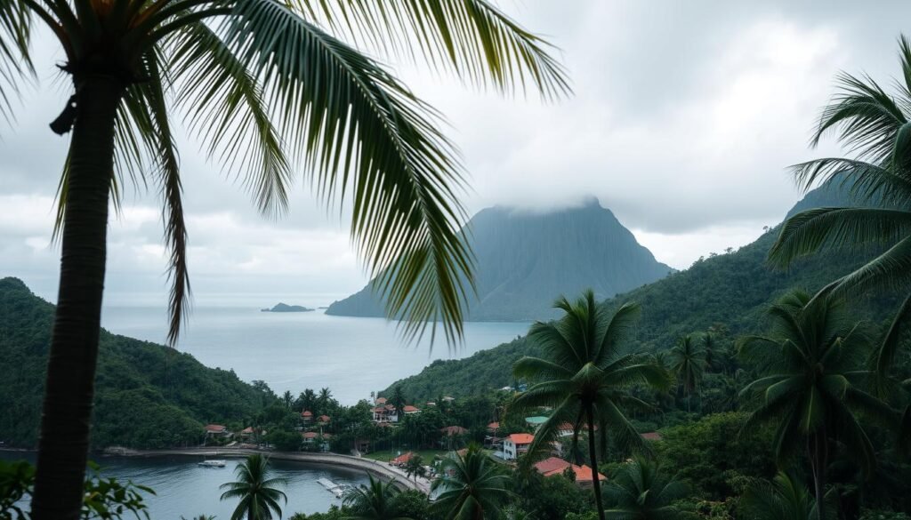 Rainy afternoon in Saint Lucia: A picturesque coastal village nestled between lush, verdant hills, with vibrant Caribbean houses lining the shore. Soft, misty rain cascades down, creating a dreamy, atmospheric haze. In the foreground, palm trees sway gently in the breeze, their fronds shimmering with droplets. Across the bay, a dramatic, cloud-capped mountain range rises majestically, adding to the moody, contemplative ambiance. The scene is infused with a sense of tranquility and quiet contemplation, capturing the unpredictable yet captivating nature of the island's weather.