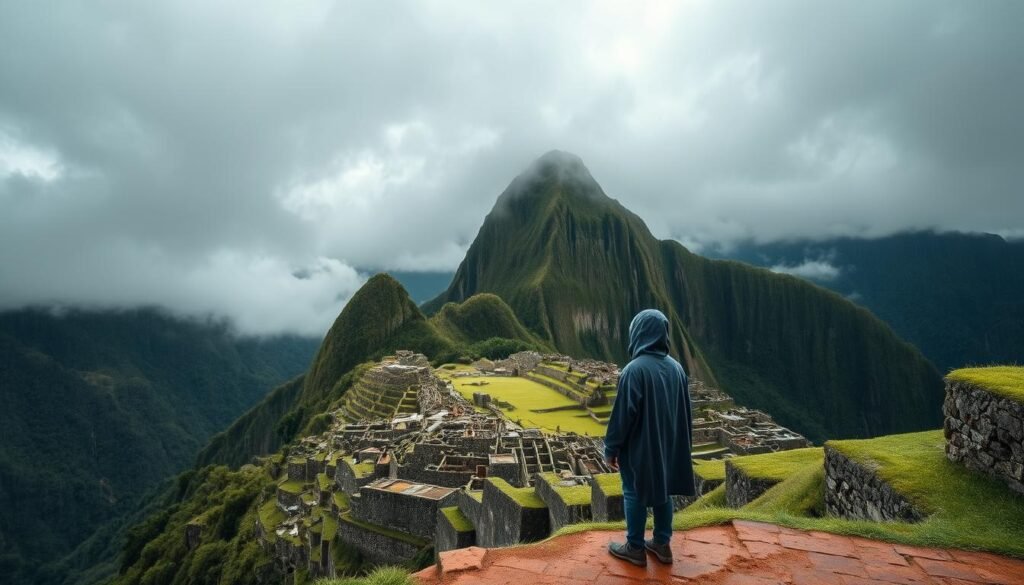 Rainy season Machu Picchu, ancient Inca citadel shrouded in mist and drizzle. Lush green terraces and stone ruins stand in moody contrast, weathered by centuries of Andean weather. Clouds drift lazily across the valley, casting dramatic shadows on the surrounding peaks. A lone figure pauses, taking in the timeless beauty of this wonder of the world, as the rain gently patters on their poncho. Wide-angle lens captures the majesty of the site, with a sense of solitude and tranquility in the off-season. Muted earthy tones and softened details evoke the atmosphere of an uncrowded, introspective visit - the ideal time to experience Machu Picchu's timeless allure.