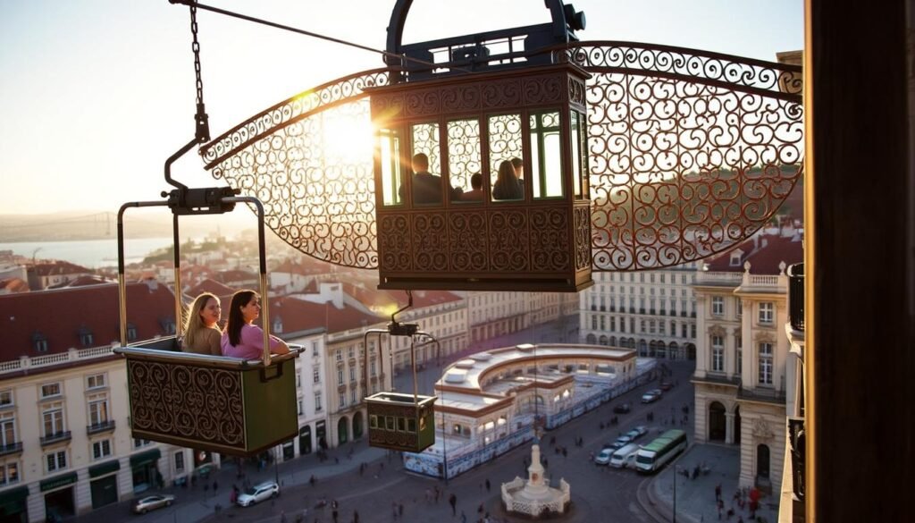 Ride Santa Justa: A Captivating Lift Through Lisbon's Charm A grand wrought-iron structure rises gracefully against the backdrop of Lisbon's historic architecture, its intricate lattice casting delicate shadows across the bustling square below. Passengers glide effortlessly upward, their faces alight with wonder as they ascend to the panoramic viewpoint atop the Elevador de Santa Justa. The warm glow of the afternoon sun bathes the scene in a soft, golden light, highlighting the ornate detailing and gentle curves of this iconic landmark. Below, the winding streets and picturesque buildings of the Baixa neighborhood beckon, inviting the viewer to explore the captivating charm of Portugal's enchanting capital.