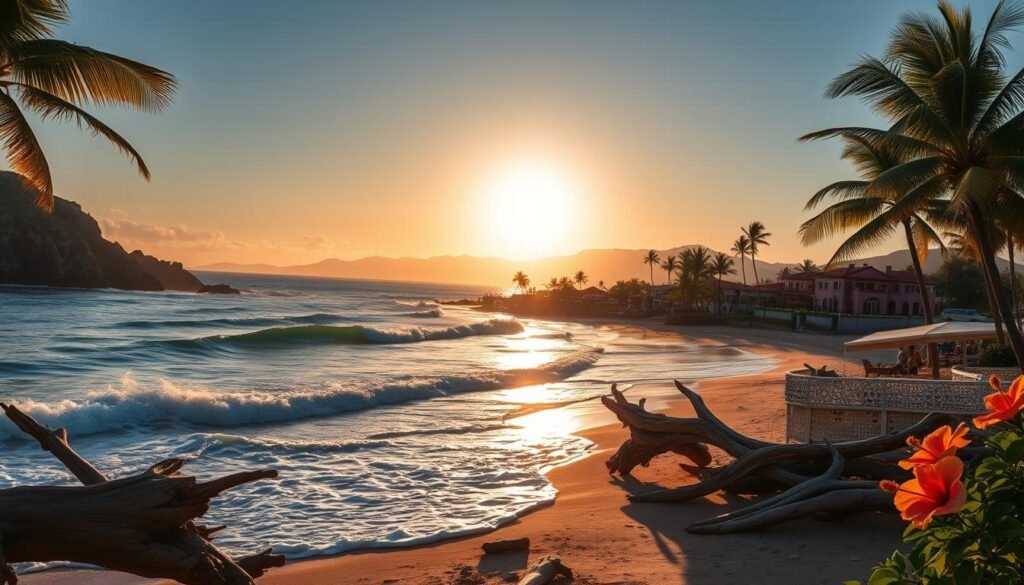 Rincón, Puerto Rico's picturesque west coast town, bathed in golden hour light. A panoramic view captures the essence of this surfer's paradise - gently rolling waves crashing against rugged cliffs, palm trees swaying in the sea breeze. In the foreground, a pristine beach dotted with sun-bleached driftwood and vibrant hibiscus blossoms. The middle ground reveals a quaint seaside village, its colorful buildings and tile roofs reflecting the warm hues of the setting sun. Distant mountains fade into a hazy, indigo horizon, punctuated by the silhouettes of majestic palm trees. Permeating the scene, an atmosphere of tranquility and rejuvenation, inviting the viewer to soak in the picturesque west coast views of Rincón. Rincón, Puerto Rico's picturesque west coast town, bathed in golden hour light. A panoramic view captures the essence of this surfer's paradise - gently rolling waves crashing against rugged cliffs, palm trees swaying in the sea breeze. In the foreground, a pristine beach dotted with sun-bleached driftwood and vibrant hibiscus blossoms. The middle ground reveals a quaint seaside village, its colorful buildings and tile roofs reflecting the warm hues of the setting sun. Distant mountains fade into a hazy, indigo horizon, punctuated by the silhouettes of majestic palm trees. Permeating the scene, an atmosphere of tranquility and rejuvenation, inviting the viewer to soak in the picturesque west coast views of Rincón.