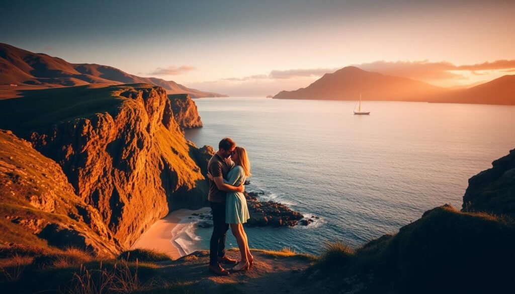 Romantic coastal vista of Connemara, Ireland, bathed in warm golden light. Dramatic rugged cliffs overlooking the Atlantic ocean, with a small hidden cove and secluded sandy beach below. In the foreground, a couple embracing tenderly, silhouetted against the breathtaking scenery. Lush green hills and mountains rise in the distance, creating a serene and intimate atmosphere. The scene is captured through a telephoto lens, with a shallow depth of field that gently blurs the background, allowing the couple's romantic connection to take center stage. Romantic coastal vista of Connemara, Ireland, bathed in warm golden light. Dramatic rugged cliffs overlooking the Atlantic ocean, with a small hidden cove and secluded sandy beach below. In the foreground, a couple embracing tenderly, silhouetted against the breathtaking scenery. Lush green hills and mountains rise in the distance, creating a serene and intimate atmosphere. The scene is captured through a telephoto lens, with a shallow depth of field that gently blurs the background, allowing the couple's romantic connection to take center stage.