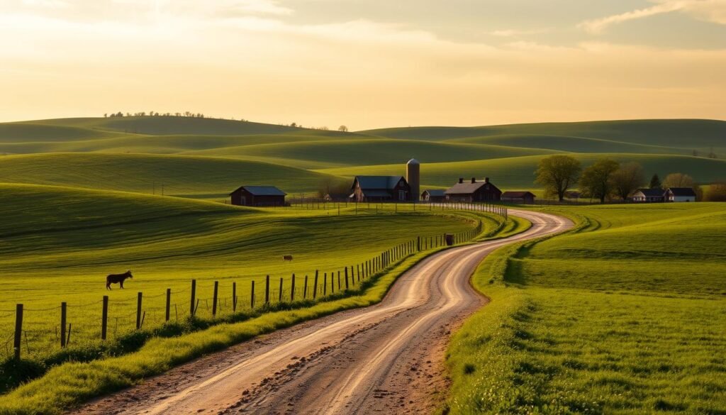 Serene Amish countryside with rolling green hills, lush meadows, and picturesque farmhouses. A winding dirt road leads through the landscape, flanked by rows of neatly tended crops and grazing livestock. Wispy clouds drift across a bright, warm sky, casting gentle shadows over the scene. In the distance, a historic barn and silo stand tall, surrounded by weathered fences and old-growth trees. The overall mood is one of tranquility and timeless rural charm, inviting the viewer to slow down and immerse themselves in the peaceful ambiance of Amish country.