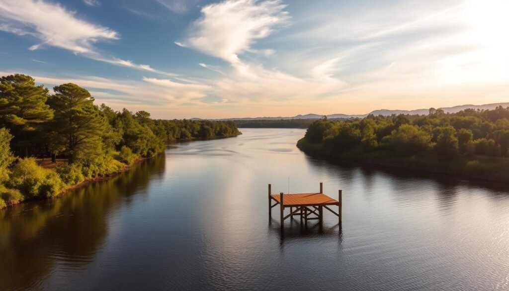 Serene Cape Fear River winding through lush, verdant landscapes of Wilmington, North Carolina. Sunlight filters through wispy clouds, casting a warm, golden glow over the tranquil waters and towering cypress trees lining the riverbanks. In the foreground, a small wooden dock juts out, inviting visitors to pause and take in the peaceful scene. Distant hills rise on the horizon, creating a picturesque backdrop for this idyllic day trip destination. The overall atmosphere evokes a sense of relaxation and natural beauty, perfect for those seeking to fill extra hours in the Wilmington area.
