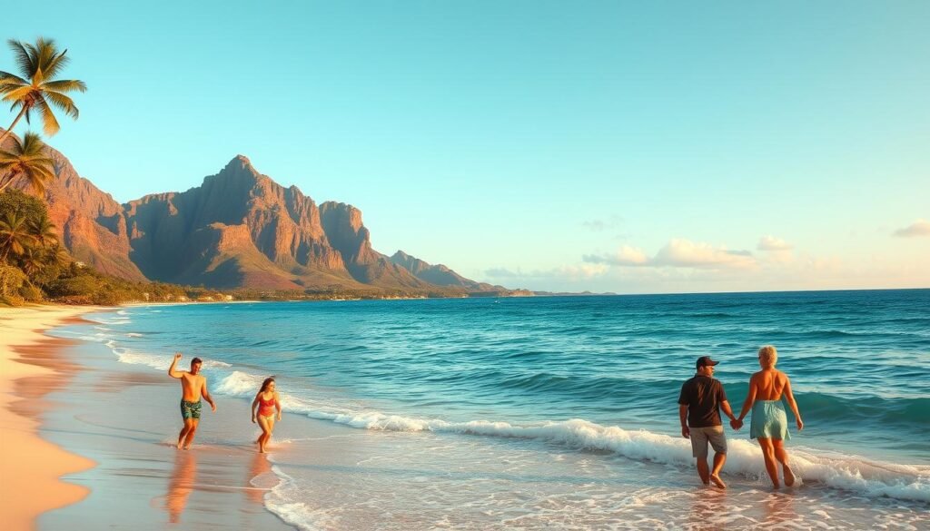 Serene Hawaiian islands, sun-kissed beaches, and lush tropical landscapes. A panoramic view of Maui, Oahu, and Kauai, each with its own allure - Maui's laidback vibe, Oahu's vibrant Honolulu, and Kauai's rugged Napali Coast. In the foreground, a family frolics in the gentle waves, while honeymooners stroll hand-in-hand along the shore. Soft, warm lighting bathes the scene, creating a dreamy, postcard-worthy atmosphere. Dramatic cliffs and verdant mountains rise in the distance, framing the idyllic island paradise. This image captures the essence of Hawaii's diverse island choices, catering to first-time visitors, families, and couples seeking the ultimate tropical getaway. Serene Hawaiian islands, sun-kissed beaches, and lush tropical landscapes. A panoramic view of Maui, Oahu, and Kauai, each with its own allure - Maui's laidback vibe, Oahu's vibrant Honolulu, and Kauai's rugged Napali Coast. In the foreground, a family frolics in the gentle waves, while honeymooners stroll hand-in-hand along the shore. Soft, warm lighting bathes the scene, creating a dreamy, postcard-worthy atmosphere. Dramatic cliffs and verdant mountains rise in the distance, framing the idyllic island paradise. This image captures the essence of Hawaii's diverse island choices, catering to first-time visitors, families, and couples seeking the ultimate tropical getaway.