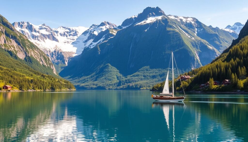 Serene fjords under the summer sun, their steep, snow-capped peaks reflecting in the still, azure waters. A classic Norwegian landscape, bathed in the warm glow of the endless daylight. In the foreground, a picturesque wooden boat glides across the fjord, its white sails billowing gently. Verdant forests cling to the mountainsides, dotted with charming red cabins. The air is crisp and clean, filled with the sound of cascading waterfalls. This is the essence of summer in Norway, a dreamlike realm of natural wonder and boundless tranquility. Serene fjords under the summer sun, their steep, snow-capped peaks reflecting in the still, azure waters. A classic Norwegian landscape, bathed in the warm glow of the endless daylight. In the foreground, a picturesque wooden boat glides across the fjord, its white sails billowing gently. Verdant forests cling to the mountainsides, dotted with charming red cabins. The air is crisp and clean, filled with the sound of cascading waterfalls. This is the essence of summer in Norway, a dreamlike realm of natural wonder and boundless tranquility.